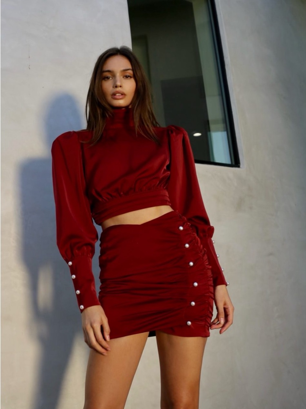 Camila Coelho Kristen Top & Ames Mini Skirt SET Maroon Pearl Size XS NWT